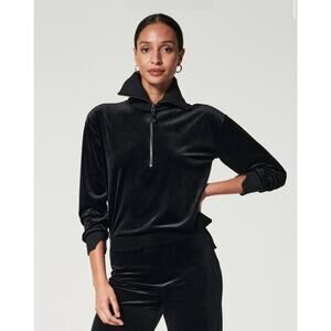 Spanx Black Plush Soft Velvet Half Zip Top Relaxed Fit Ribbed collar & Cuff EUC